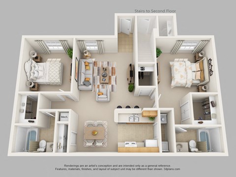 Floor plan for 2 beds, 2 baths, 1090 sqft